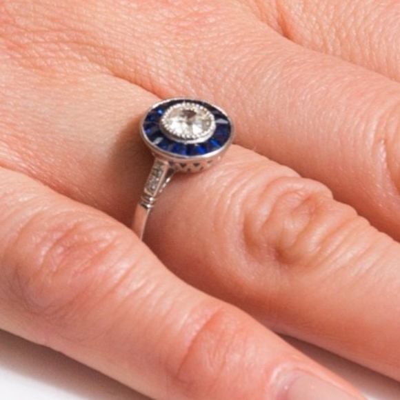 Handmade Art Deco Inspired Diamond and Sapphire Engagement Ring. - Picture 9 of 11
